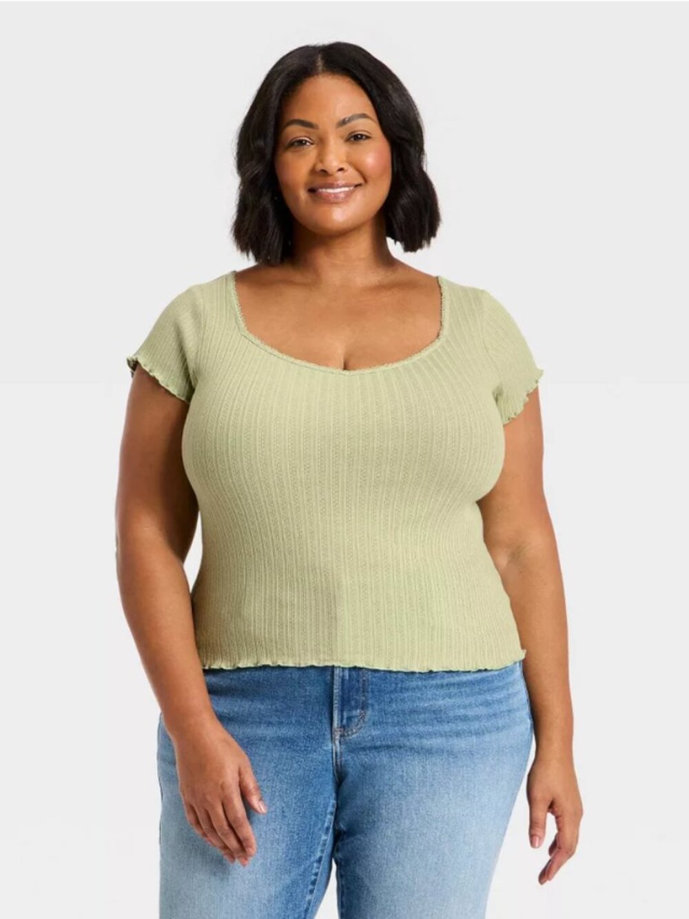 Women's Slim Fit Short Sleeve Pointelle Sweetheart Neck T-Shirt - Universal Thre